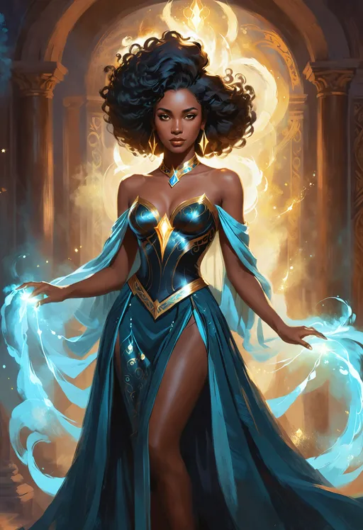 Prompt: (character concept art digital painting)) of extremely attractive fierce black goddess historical romance character, wearing a glowing magic gown, dreamy, fantastical, splendid, wonderful.