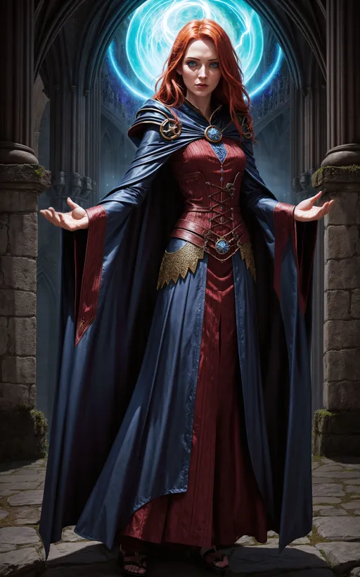 Prompt: 1girl, striking (female mage holding powerful energy), standing above a gothic castle overlooking the inner bailey, Breathtaking beauty, lovable character, full-body character concept art, (strong eye contact), (spell caster), dnd female wizard, (fancy magic sorceress robe), Medieval fantasy, gladiatrix gladiator heeled sandals, wearing blues and browns, Bohemian, redhead, blue eyes, limitless power, splash screen art, well defined separation, castle inner ward, dark fantasy, mage cosplay with magic special effects.