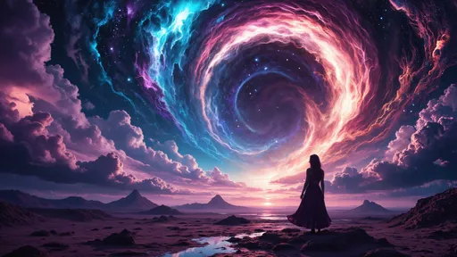 Prompt: a woman fading into the background, breathtaking, vivid, surreal, otherworldly, trippy, psychedelic, dark fantasy, desktop wallpaper, 4k wallpaper, 1440p wallpaper, 1080p wallpaper.