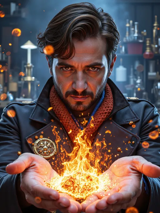 Prompt: close-up, quantum alchemist, hands containing unstable elemental fusion, magical-technological fusion, detailed weathered face, determined expression, arcane sigils, steampunk elements, dark laboratory background, moody lighting, photorealistic, 4k wallpaper
