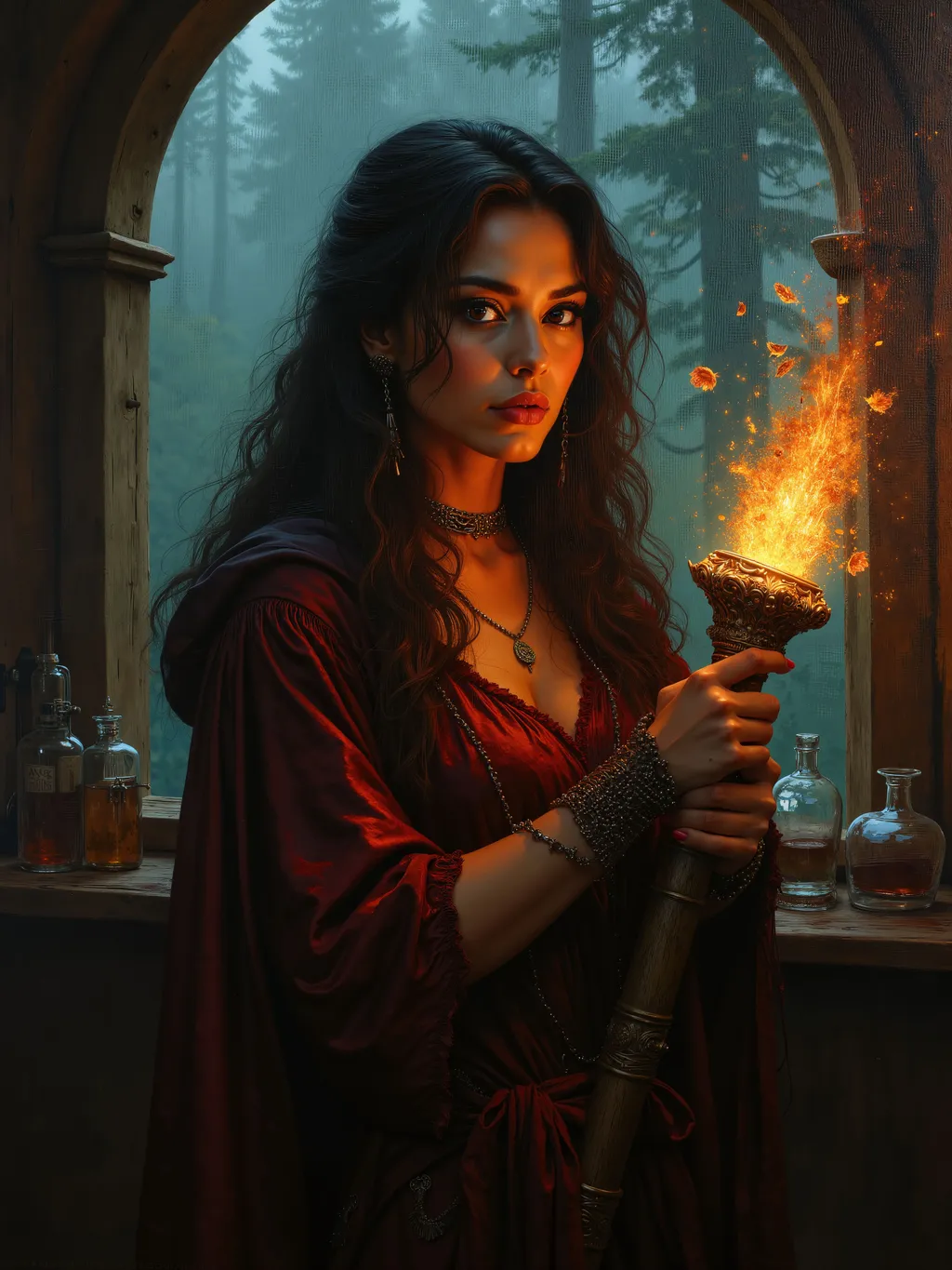 Prompt: dark fantasy oil painting, painted portrait of striking actress, distinct looks, unique, holding a powerful glowing staff of power, glowing with magical energy, sorceress apprentice in a mage tower with an elevated forest view out the window, mischievous smile, enchanting, magical robes, mage's workshop, alchemy apparatus.