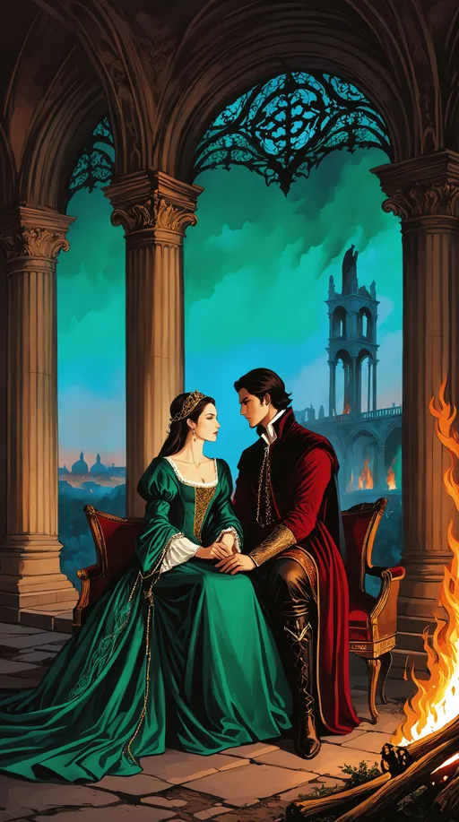 Prompt: ((Breathtaking Post-apocalyptic Renaissance painting)), outdoor twilight sky, couple dressed in the finery of the Renaissance era sits in front of a ((flickering camp fire)), The man in a doublet of deep burgundy velvet, ornately embroidered with golden threads, his breeches similarly adorned, soft leather boots. The woman of striking presence, wears a gown of luxurious emerald brocade, her bodice tightly laced and featuring voluminous slashed sleeves. Her hair is coiffed high upon her head, encircled by a gilded diadem. ((sitting in opulent Savonarola chairs)). Behind them, ((a burning city in ruins)), the remnants of a Renaissance city loom, overgrown apocalypse, creeping vines and moss, ((crumbling destroyed grand palazzos and burning cathedrals)), bygone era, structures display the patina of decay, shattered stained glass windows and crumbling facades, starkly contrasting the refined elegance of the couple's attire.