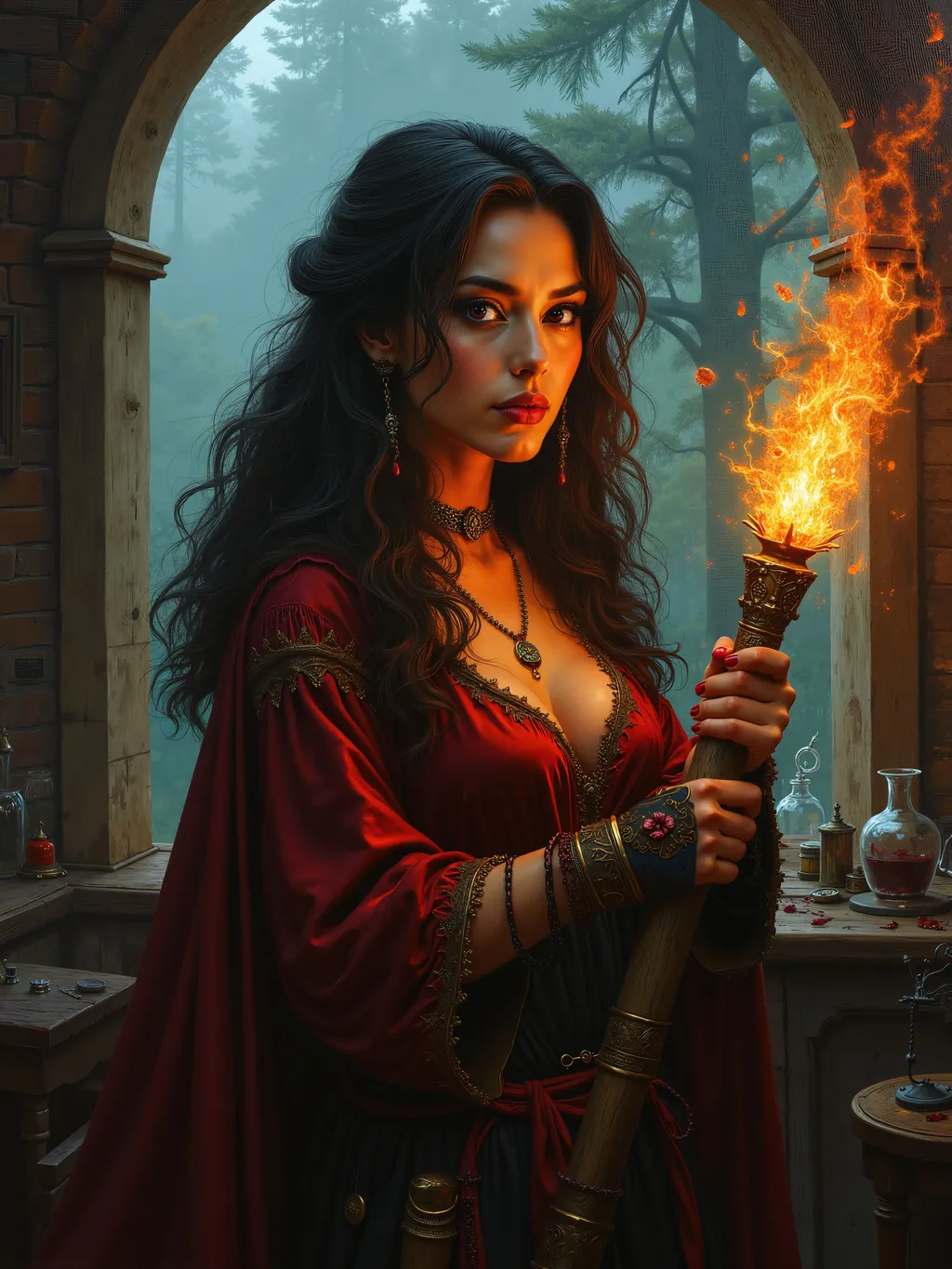 Prompt: dark fantasy oil painting, painted portrait of striking actress, distinct looks, unique, holding a powerful glowing staff of power, glowing with magical energy, sorceress apprentice in a mage tower with an elevated forest view out the window, mischievous smile, enchanting, magical robes, mage's workshop, alchemy apparatus.