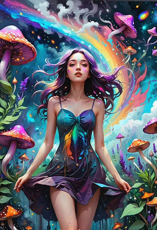 Prompt: ((semi-realistic otherworldly sensual euphoric psychedelic young woman high on Salvia and Magic psychedelic Mushrooms Impressionistic Cel-Shaded character full body close up character concept art digital painting)), striking vibrant purple hair, (delicate dress falling off her slender figure), (walking on a rainbow in outer space), inky dark blacks, detailed charcoal shading, colorful Impasto details, raining colorful paint, shooting stars.