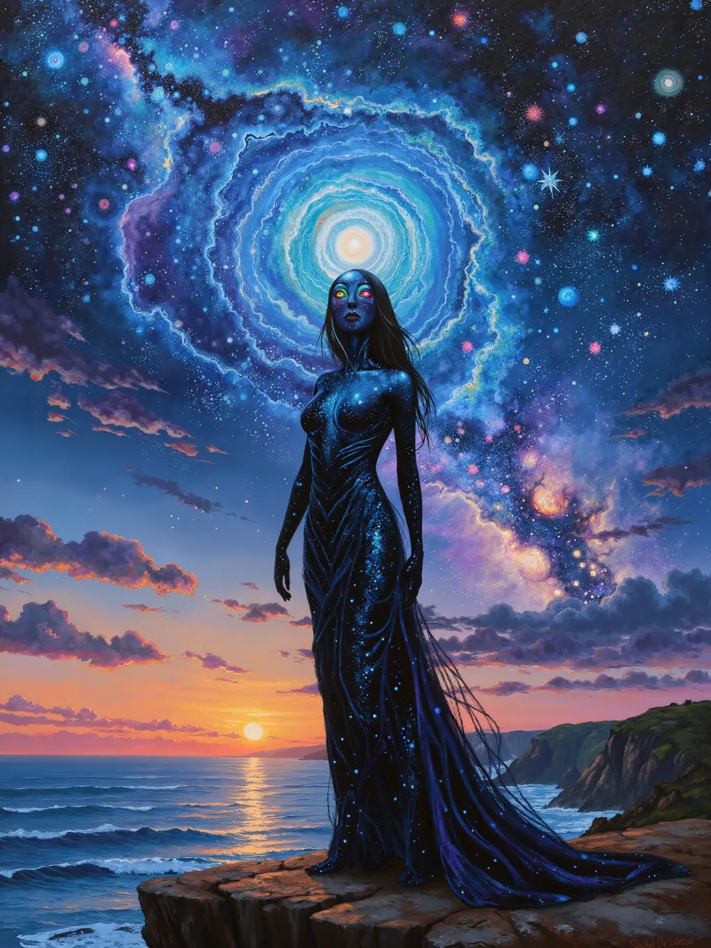 Prompt: Breathtaking, Surreal Painted portrait, Otherworldly living constellation female character, detailed painting, magic dark fantasy painting, wide eyed with rainbow colored eyes, glowing, strangely attractive, nebula, mystical, full body, standing on a cliff at night, ocean, sunset.