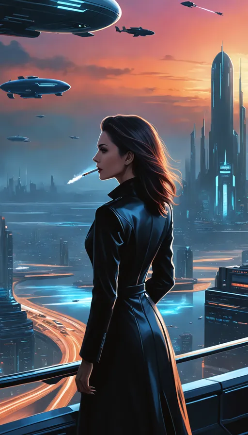 Prompt: ((realistic sci-fi Dark Fantasy Noir portrait)), ((breathtaking painted surreal fantasy)), ((hyper realistic painting)), good looks, natural, genuine, time traveler, lost woman smoking a cigarette, in the future, otherworldly hellscape, ethereal plane, epic cityscape, standing on a helipad, looking off into the distance, pondering, deep contemplation, flying cars, sunset, ocean view, airship, flying cars.