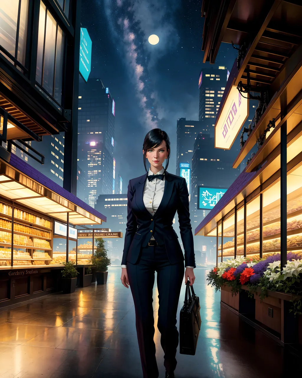 Prompt: Breathtaking close-up photo of evocative Business Woman wearing Pants Suit by Ferdinand Knab, Liam Wong, Stephan Martinière, Gregory Crewdson, Thomas Kinkade, and John Atkinson Grimshaw. 1girl portrait, in the city, long view distance showing the ocean in the distance, docks, quaint shops, high-rise retro-futuristic, clear night sky, full moon, photo-realism, photoreal, Pinterest model portrait by Martin Schoeller, UHD 4k wallpaper.<lora:epiNoiseoffset_v2:1>