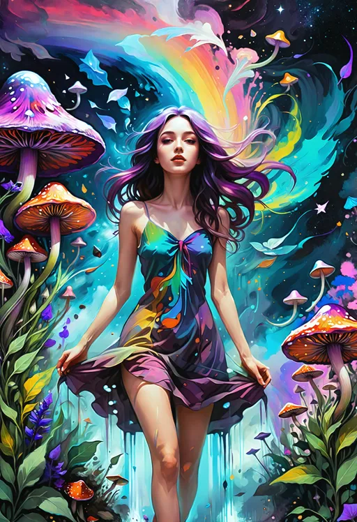 Prompt: ((semi-realistic otherworldly sensual euphoric psychedelic young woman high on Salvia and Magic psychedelic Mushrooms Impressionistic Cel-Shaded character full body close up character concept art digital painting Romanticism oil painting)), striking vibrant purple hair, (delicate dress falling off her slender figure), (walking on a rainbow in outer space), inky dark blacks, detailed charcoal shading, colorful Impasto details, raining colorful paint, shooting stars.