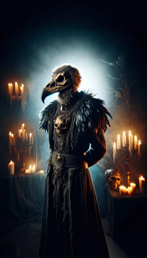 Prompt: Full-body portrait of an anthropomorphic undead Vulture Necromancer, standing in a dark, foreboding fantasy setting. The character has a vulture skull mask with intricate, eerie details and is dressed in dark, tattered robes. The scene is illuminated by a hazy, atmospheric glow with candles in the background, casting a haunting light. The figure exudes an otherworldly presence, with glowing elements that enhance the eerie and macabre vibe. The lighting is dramatic and chthonic, creating a striking, realistic, and captivating image that invokes an emotional response. The overall style is reminiscent of fine art masterpieces, with a beautiful macabre aesthetic and a glowing, hazy ambience.