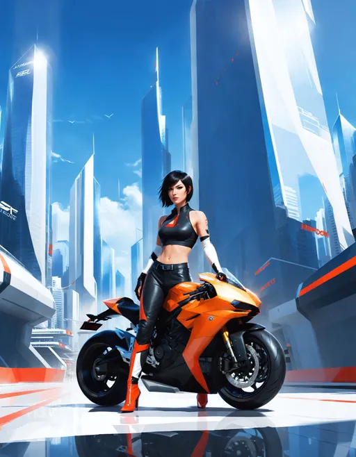 Prompt: (female motorcyclist full body character concept art), ((mirror's edge) Faith Connors), (standing next to her custom streetfighter motorcycle), in a sleek sterile futuristic city, The City of Glass, ((wearing crop top with pants and stiletto high heeled)) (sneakers:1.05), standing next to mechanical motorcycle.