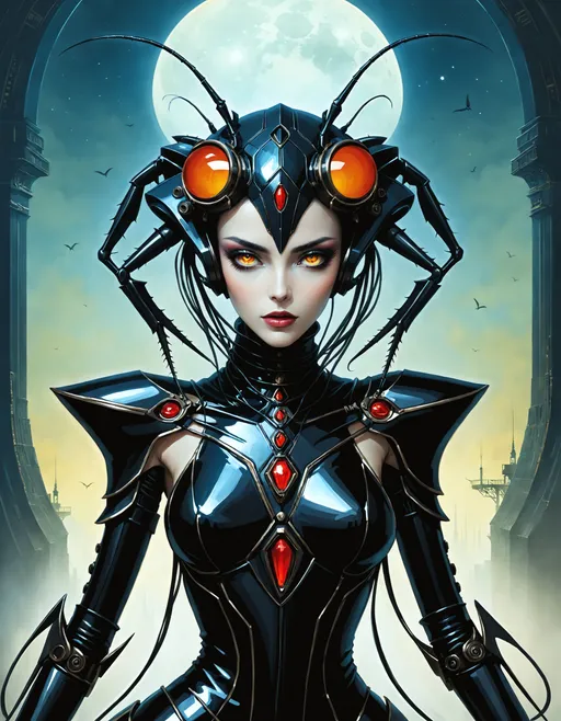 Prompt: beautiful Eldritch female Mantis mammal hybrid, feminine primate arachnid beauty, full lips, massive oversized eyes, dark reflective eyes, humanoid, bipedal, extreme dominatrix exoskeleton, ((elaborate spectacle)), ((cinematic fine art masterpiece)), ((by Chris Foss)), ((by Gerald Brom)), ((by Antonio J. Manzanedo)), ((by Brian Kesinger)), ((by John Atkinson Grimshaw)), ((breathtaking dramatic)), ((dark foreboding fantasy portrait)), ((striking)), ((otherworldly digital painting)), ((invokes an emotional response)), ((riveting)), ((captivating)).