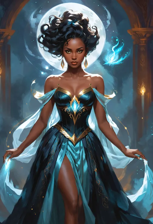 Prompt: ((character concept art digital painting)) of extremely attractive fierce black goddess historical romance character, wearing a glowing magic gown, dreamy, fantastical, splendid, wonderful.