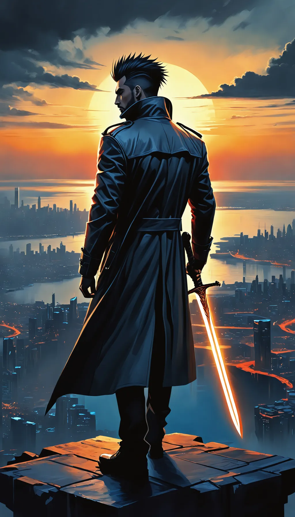 Prompt: ((realistic Dark Fantasy Noir portrait)), ((breathtaking painted surreal fantasy)), ((hyper realistic painting)), good looking live action anime character holding a sword, male, natural, genuine, otherworldly, ethereal plane, epic cityscape, standing looking off into the distance, sunset, ocean view, wearing trench coat, crazy long mohawk.