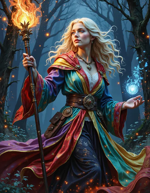 Prompt: breathtaking, vivid dark fantasy, masterpiece, oil painting, 4k wallpaper, female wild mage, holding a colorful glowing staff of power, flow hologram mage robe, casting an epic double rainbow spell, shimmering with color.