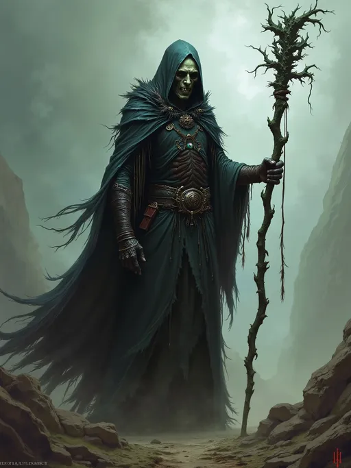 Prompt: dark fantasy painting, Dungeons & Dragons character, lich necromancer, Szass Tam on a war torn battle field, holding a gnarly staff, ((long flowing necromancer robe)), pale skin, undead.