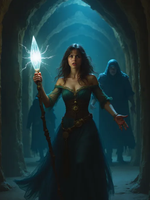 Prompt: ((dark fantasy painting)), ((Dungeons & Dragons characters)), 4k wallpaper, distressed female enchanter frantically casting a light spell, holding a beautiful delicate glowing glass staff made of crystal, pretty enchantress, lighting the way, in dark catacombs, lost in the darkness, creepy barely visible undead figures in the darkness behind her, being pursued.