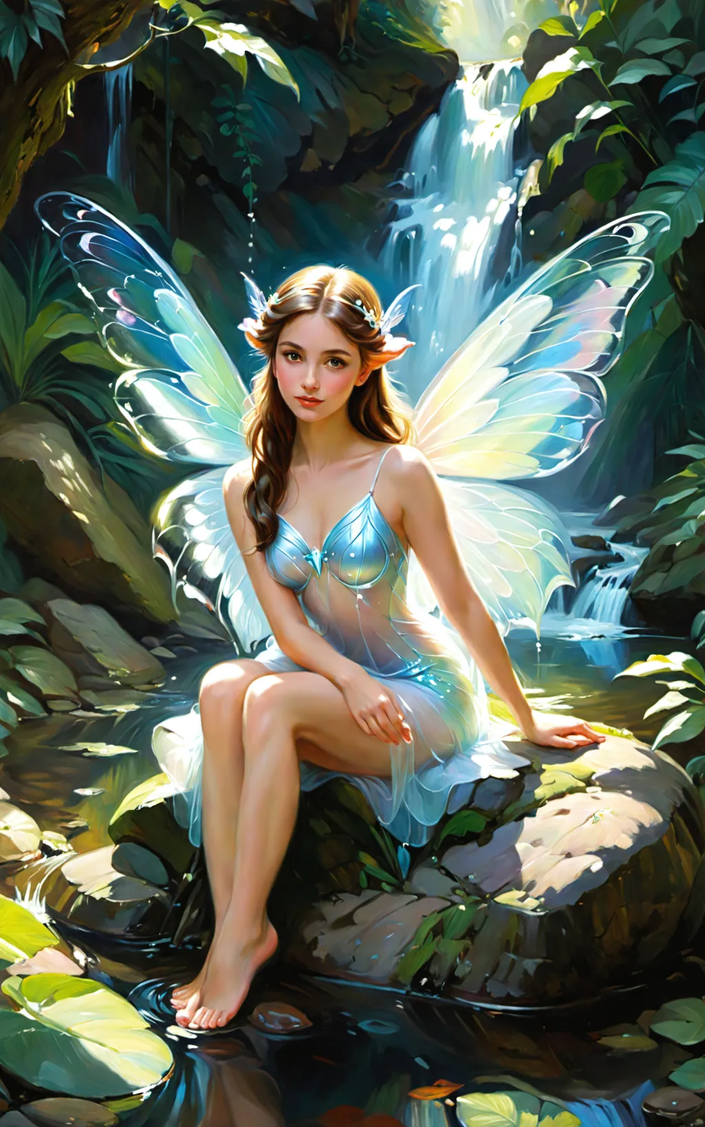 Prompt: Striking Full Body fantasy oil Painting by Vladimir Volegov and Alexander Averin and John Anster Fitzgerald, Portrait of a beautiful barefoot fairy in a magic forest, sitting on a rock in a majestic stream, translucent wings, waterfall, symmetrical translucent wings.