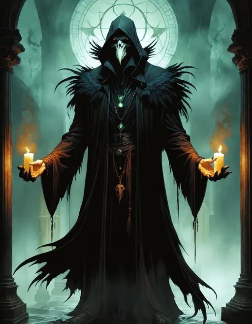 Prompt: anthropomorphic undead Vulture Necromancer, ((fine art masterpiece by Gerald Brom)), ((by Antonio J. Manzanedo)), ((by Brian Kesinger)), ((by John Atkinson Grimshaw)), ((breathtaking dramatic Chthonic Man)), ((dark foreboding fantasy portrait)), ((striking)), ((realistic character)), ((otherworldly digital painting)), ((invokes an emotional response)), ((riveting)), ((captivating)), ((glowing atmospheric hazy ambience)), full body, Eldritch being, beautiful macabre, fancy lighting, glowing in the haze, candles, Vulture skull mask.