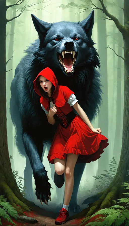 Prompt: ((Breathtaking fantasy painting masterpiece)), ((realistic illustrated character concept art illustration)), ((by Alexander Averin)), ((by Tom Bagshaw)), ((by John Atkinson Grimshaw)), ((little red riding hood in full panic mode)), full body, mouth open screaming for help, ((running through the forest from the big bad wolf)), Giant wolf behind her.