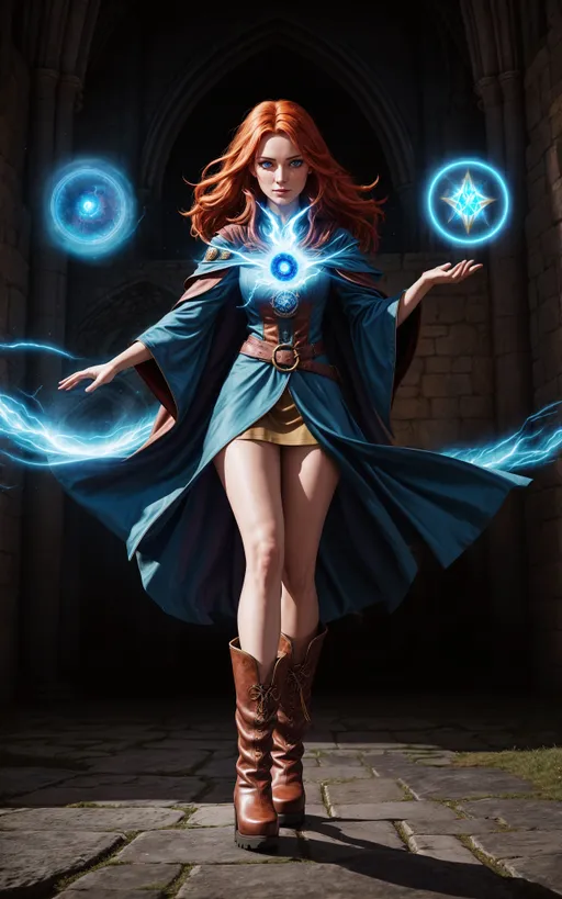 Prompt: 1girl, striking female mage holding fluctuating ball of powerful energy, standing on top of a gothic castle overlooking the inner bailey, Breathtaking beauty, lovable character, full-body character concept art, (strong eye contact), spell caster, dnd female wizard, (fancy magic sorceress robe), Medieval fantasy boots, wearing blues and browns, Bohemian, redhead, blue eyes, limitless power, splash screen art, well defined separation, inner ward view.