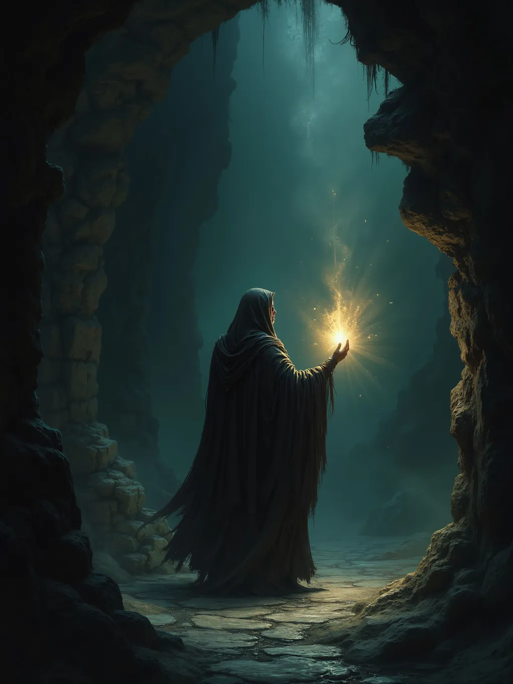 Prompt: ((dark fantasy painting)), ((Dungeons & Dragons characters)), 4k wallpaper, enchanter casting a light spell, lighting the way, in dark catacombs, in the darkness.