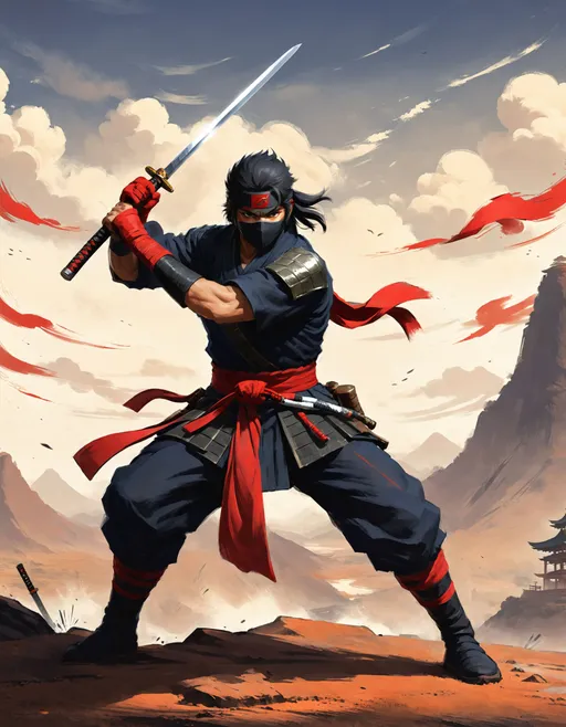 Prompt: dramatic action pose with a Katana, dynamic ninja stance, Anime character concept art, on a baron wasteland, wearing gi and red sash, ready for battle.