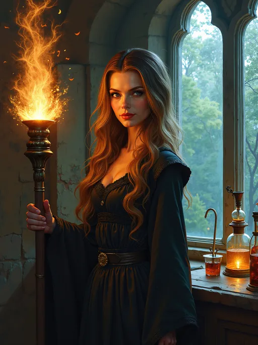 Prompt: dark fantasy oil painting, painted portrait of striking actress, holding a powerful glowing staff of power, glowing with magical energy, sorceress apprentice in a mage tower with an elevated forest view out the window, mischievous smile, enchanting, magical robes, mage's workshop, alchemy apparatus.