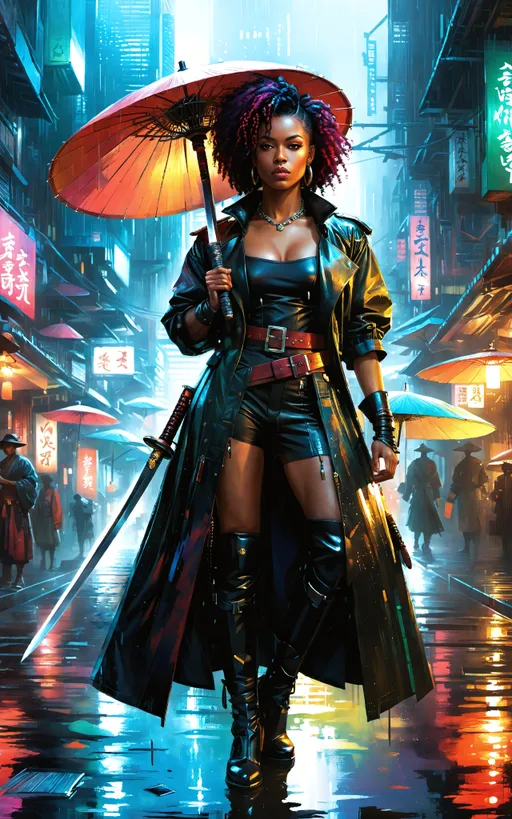 Prompt: striking digital art of Black female character (holding a big Japanese Ōdach Katana sword) concept art ((by Antonio J. Manzanedo and Aleksi Briclot and Stephan Martinière and Paul Lehr)), armed lady full body portrait, colorful cyberpunk city, Rembrandt lighting, fro-hawk, raining, shiny reflections, puddles in the street, rainfall, aged leather trench coat, outside bar, food stalls, vendors, afro puff mow-hawk, voodoo girl, runed blade.