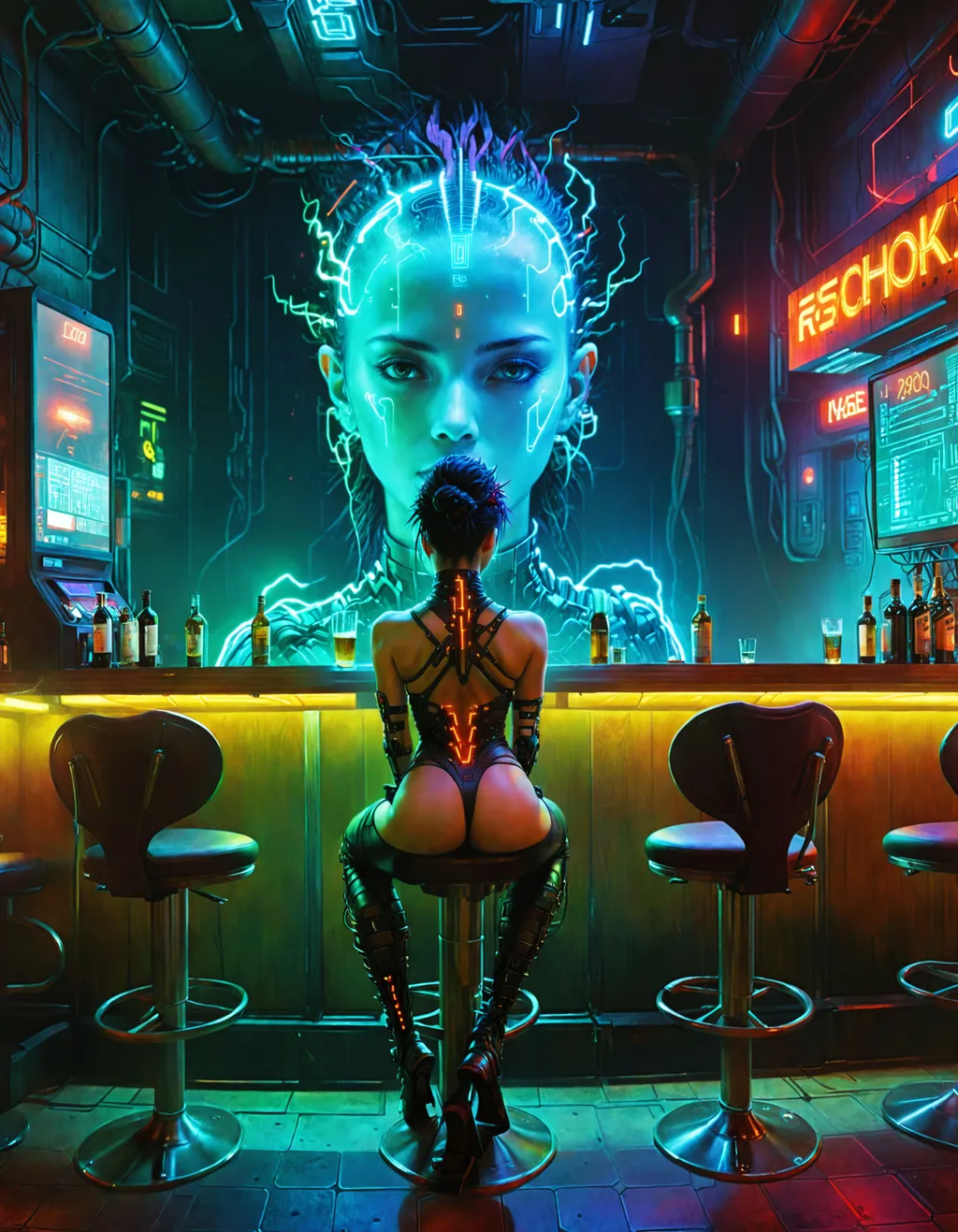 Prompt: striking surreal ((distorted faded 1980's retrowave artwork)) of ((female Neuromancer shodan system shock)) (full body) with a plugs in her head in the shape of a Mohawk ((sitting at a dystopian bar)), breathtaking masterpiece, in machine city with many wires coming from her head, by Zdzislaw Beksinski, by Wayne Barlowe, by Dariusz Zawadzki, by Aleksi Briclot, by Antonio J. Manzanedo, by Peter Mohrbacher, by Jeremy Mann, (cyberpunk), (steampunk), (dieselpunk), bright digital screens, view into the distance, epic sense of scale.