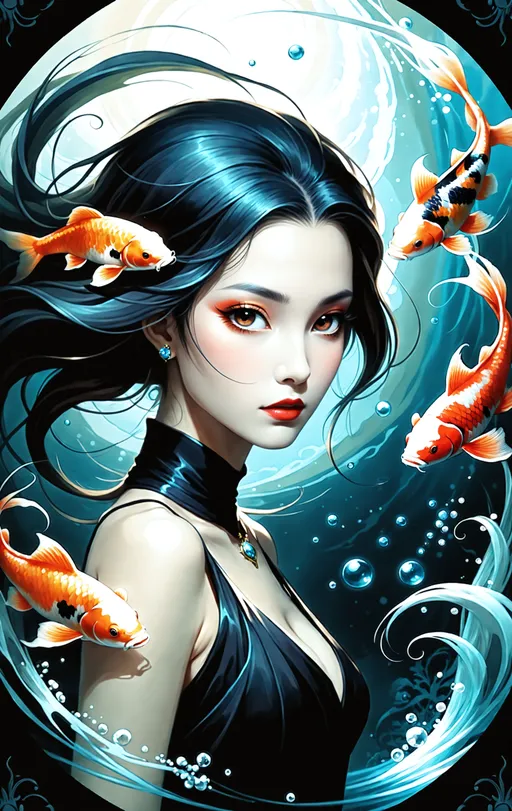 Prompt: breathtaking otherworldly dark fantasy portrait of a woman, ((by Anne Bachelier)), ((by Alexander Jansson)), ((by Tony DiTerlizzi)), Japanese, close up, underwater, koi fish, yin and yang, circular, 4k wallpaper