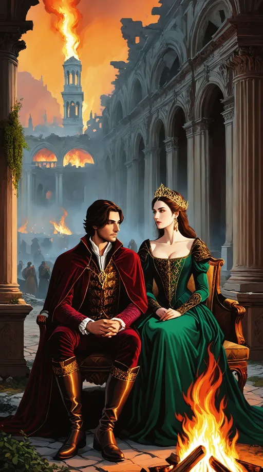 Prompt: ((Breathtaking Post-apocalyptic Renaissance painting)), outdoor twilight sky, couple dressed in the finery of the Renaissance era sits in front of a ((flickering camp fire)), The man in a doublet of deep burgundy velvet, ornately embroidered with golden threads, his breeches similarly adorned, soft leather boots. The woman of striking presence, wears a gown of luxurious emerald brocade, her bodice tightly laced and featuring voluminous slashed sleeves. Her hair is coiffed high upon her head, encircled by a gilded diadem. (sitting in opulent Savonarola chairs). Behind them, ((a burning city in ruins)), the remnants of a Renaissance city loom, overgrown apocalypse, creeping vines and moss, ((crumbling destroyed grand palazzos and burning cathedrals)), bygone era, structures display the patina of decay, shattered stained glass windows and crumbling facades, starkly contrasting the refined elegance of the couple's attire.