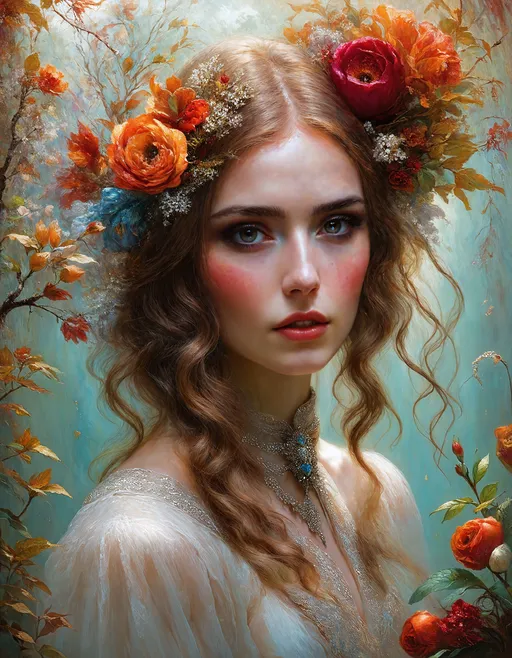 Prompt: Breathtaking close up fantasy portrait, Beautiful young woman, captivating, riveting, realistic character art, ((by Alexander Averin)), ((by Tom Bagshaw)), ((by John Anster Fitzgerald)), ((by Josephine Wall)), ((by Zdzislaw Beksinski)), ((by John Atkinson Grimshaw)).
