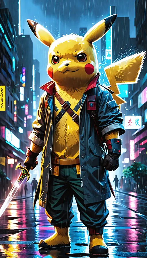 A pikachu fishing. Cyberpunk background.