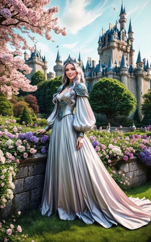 Prompt: breathtaking dnd Maiden fantasy character (concept art full body relaxed natural portrait in the castle garden in the background), ((foreground framing of flowers)), attractive Pinterest model beauty portrait, formal gown, strong positive eye contact, genuine smile.