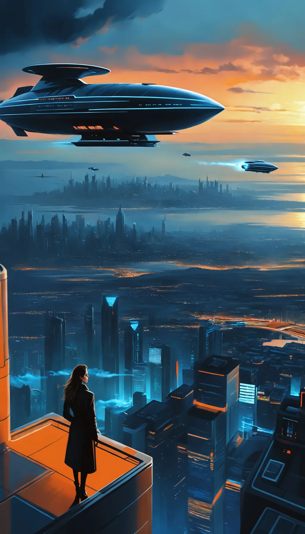 Prompt: ((realistic sci-fi Dark Fantasy Noir portrait)), ((breathtaking painted surreal fantasy)), ((hyper realistic painting)), good looks, natural, genuine, time traveler, lost woman smoking a cigarette, in the future, otherworldly, ethereal plane, epic cityscape, standing on a helipad, looking off into the distance, pondering, deep contemplation, flying cars, sunset, ocean view, airship, flying cars.