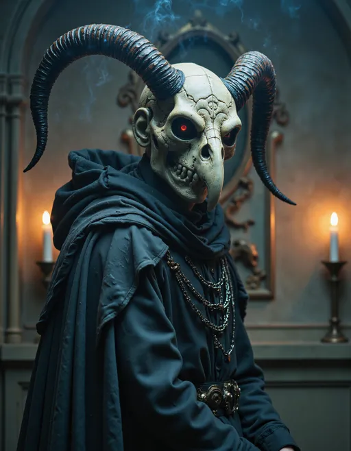 Prompt: breathtaking, cinematic photo, dramatic, striking Chthonic undead man wearing Vulture skull mask, Necromancer, masterpiece, dark foreboding fantasy portrait, realistic character, otherworldly digital painting, invokes an emotional response, captivating, riveting, glowing atmospheric hazy ambience, full body, Eldritch being, beautiful macabre, dramatic studio lighting, glowing in the haze, candles.