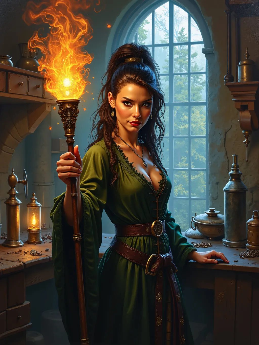 Prompt: dark fantasy oil painting, painted portrait of striking actress, holding a powerful glowing staff of power, glowing with magical energy, sorceress apprentice in a mage tower with an elevated forest view out the window, mischievous smile, enchanting, magical robes, mage's workshop, alchemy apparatus.