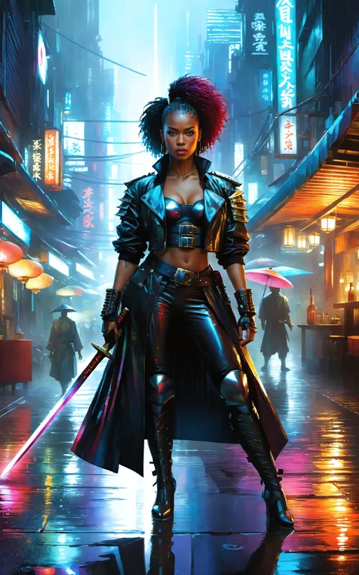 Prompt: striking digital art of Black female character (holding a big Japanese Ōdach Katana sword) concept art ((by Antonio J. Manzanedo and Aleksi Briclot and Stephan Martinière and Paul Lehr)), armed lady full body portrait, colorful cyberpunk city, Rembrandt lighting, fro-hawk, raining, shiny reflections, puddles in the street, rainfall, aged leather trench coat, outside bar, food stalls, vendors, afro puff mow-hawk, voodoo girl, runed blade.