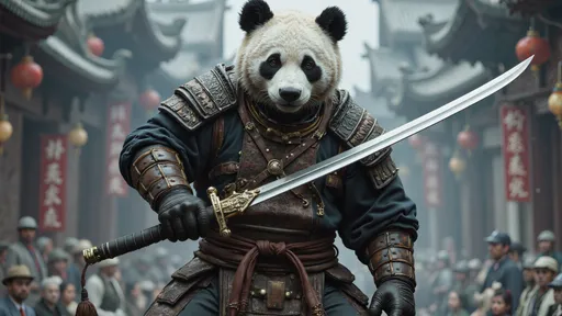 Prompt: breathtaking, vivid, striking dark fantasy character, highly detailed, desktop wallpaper, 4k wallpaper, 1440p wallpaper, 1080p wallpaper, sense of depth, vast sense of scale, Panda bear warrior holding a sword.