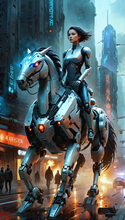 Prompt: Beautiful realistic Digital Painting attractive equestrian woman riding a ((robot cybernetic horse)) down the  city street character concept art by Zdzislaw Beksinski, by Wayne Barlowe, by Dariusz Zawadzki, by Aleksi Briclot, by Antonio J. Manzanedo, by Peter Mohrbacher, by Jeremy Mann, breathtaking masterpiece, falling cinders and ash, hellfire, static electricity, cyberpunk, machine city.