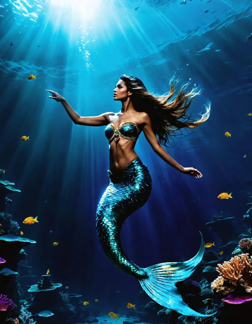 Prompt: ((beautiful)), ((otherworldly)), ((breathtaking)), ((striking)), ((stunning)), ((captivating)), ((epic)), ((riveting)), ((full body)), ((close up)), ((extreme beauty)), ((emotional)), ((exotic)), ((mermaid)), underwater, deep sea.