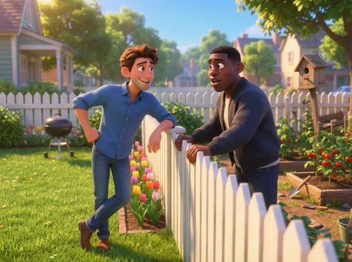 Prompt: @15ceZeIT84dcyLLOJc2B @goKPYwvL9TkHewvntJnx A bright, colorful suburban neighborhood rendered in warm, high-fidelity Pixar-style animation. A clean white picket fence runs straight across the center of the scene, neatly separating two neighboring yards. The fence is waist-high, evenly spaced, and slightly sun-worn, with soft highlights reflecting the afternoon light.
On the left side stands Riley, He casually leans against the top rail of the white picket fence, one arm draped over it. His yard feels tidy and welcoming—lush green grass, a small grill in the background, and a few colorful flowers lining the fence.
On the right side is Theo, a friendly but slightly more serious neighbor. He stands upright with both hands resting on the pickets, peering through them as he talks. His yard has a bit more personality—uneven garden beds, a slightly crooked birdhouse, and scattered tools hinting at ongoing projects.
Both men face each other across the fence, their body language animated and expressive. Their facial expressions are exaggerated in classic Pixar fashion—wide eyes, subtle smirks, and natural comedic timing. The white picket fence visually anchors the scene, emphasizing the boundary between their properties while keeping the tone light and neighborly.
Soft, cinematic sunlight bathes the scene, with vibrant colors, gentle depth of field, and a playful suburban atmosphere—perfect for a humorous exchange or ironic twist.