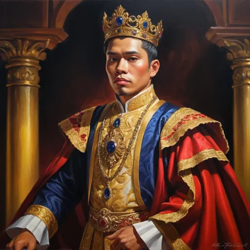 Prompt: Oil painting of King Linceo from Florante at Laura, regal and imposing figure, rich and vibrant colors, classic Filipino literary character, intricate royal attire with ornate details, dramatic lighting casting deep shadows, detailed facial features, high quality, oil painting, regal, dramatic lighting, vibrant colors, Filipino literature, detailed attire, imposing figure, classic character