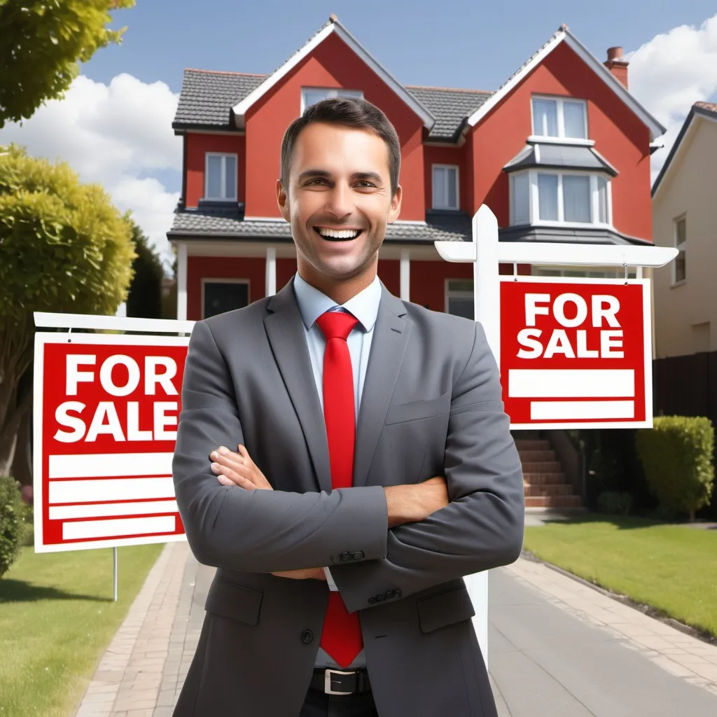 Prompt: Generate an Image of a real estate agent who is very happy. he has put up about three 'FOR SALE' signs in red on houses along a street.