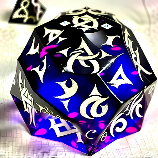 Prompt: Engraved Heptagonal Trapezohedron transparent crystal with runes and symbols for DnD arcane focus crystal