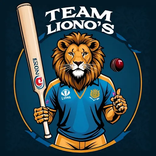 Prompt: A lion wearing full cricket gear standing up straight and holding a cricket bat with the words”TEAM LIONS” written in the background in a gothic font