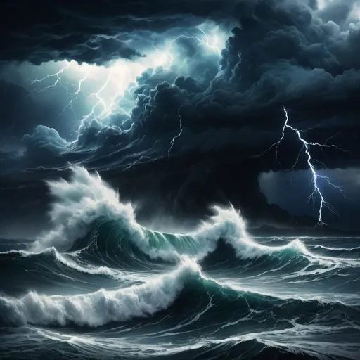 Prompt: Powerful ocean storm with thunder, realistic digital painting, crashing waves and lightning, high contrast, dramatic clouds, dark and moody atmosphere, high quality, ultra-detailed, realistic, digital painting, dramatic lighting, stormy sea, intense thunder, realistic water, atmospheric
