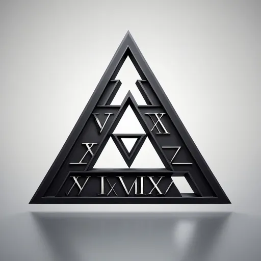 Prompt: Create a 3D futuristic image featuring the date "XVI.VII.MMXIV" in Roman numerals arranged to form the silhouette of a triangle. The numerals should be stacked from the day's date at the top to the year's date at the base, with "XVI" at the apex, "VII" in the middle, and "MMXIV" at the bottom. Ensure there are no visible lines forming the triangle; only the numerals should create the triangular shape. The design should be sleek and modern, with a metallic or neon aesthetic. The background should be a dark gradient with hints of blue and purple, giving a sense of depth and a futuristic atmosphere. The numerals should be clearly visible and well-spaced, creating a visually striking and cohesive triangle silhouette.
