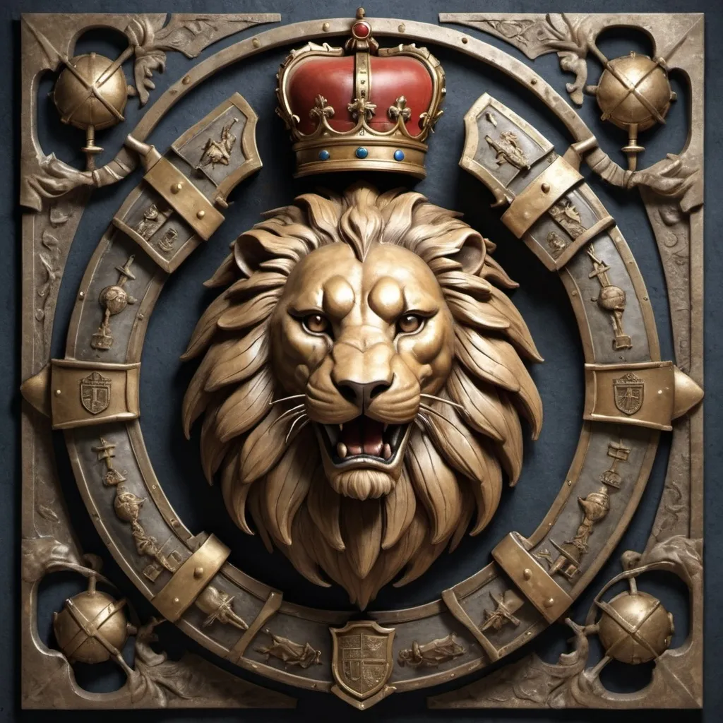 Prompt: "Create a highly realistic version of the attached coat of arms. Retain all the elements present, including the helmeted figure at the top, the four quadrants with their respective symbols (lion, castle, ship, and eagle), the knight fighting a lion on the left, and the banner at the bottom with the inscription. The style should be lifelike, with intricate details and textures resembling a real ancient artifact. The background should maintain an aged, parchment-like appearance, but with enhanced clarity and depth to bring out the vividness and realism of the coat of arms. Retain all the elements present but correct them as follows: at the top outside of the shield, there should be a Chalcidian helmet instead of the current helmet. To the left outside the shield, there should be a warrior instead of a lion. Inside the shield, in the upper part, the lion should be on the left and the castle on the right. In the lower part of the shield, the ship should be on the left, and the royal eagle should be on the right, instead of a horse. The style should be lifelike, with intricate details and textures resembling a real ancient artifact. The background should maintain an aged, parchment-like appearance, but with enhanced clarity and depth to bring out the vividness and realism of the coat of arms. The design should include the following elements: a Chalcidian helmet at the top, the four quadrants within the shield with their respective symbols (top left: lion, top right: castle, bottom left: ship, bottom right: royal eagle), a Greek warrior on the left outside of the shield, and a banner at the bottom with the inscription. The style should be lifelike, with intricate details and textures resembling a real ancient artifact. The background should maintain an aged, parchment-like appearance, but with enhanced clarity and depth to bring out the vividness and realism of the coat of arms."