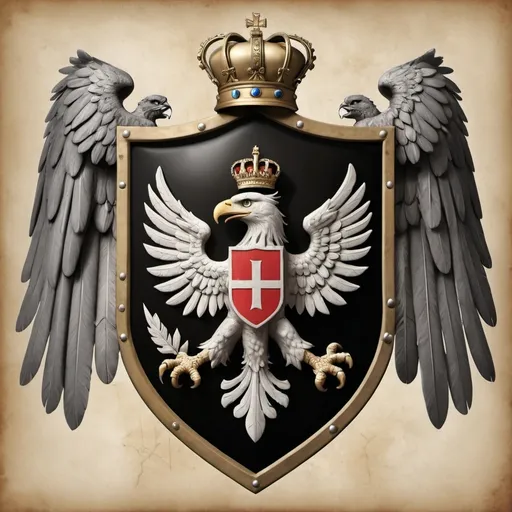 Prompt: Create a highly realistic version coat of arms. The design should include the following elements: a Chalcidian helmet at the top, the four quadrants within the shield with their respective symbols (first square on the top right: castle, second square on the bottom left: ship, third square on the bottom right: royal eagle), a Greek warrior on the left outside of the shield, and a banner at the bottom with the inscription. The style should be lifelike, with intricate details and textures resembling a real ancient artifact. The background should maintain an aged, parchment-like appearance, but with enhanced clarity and depth to bring out the vividness and realism of the coat of arms.
